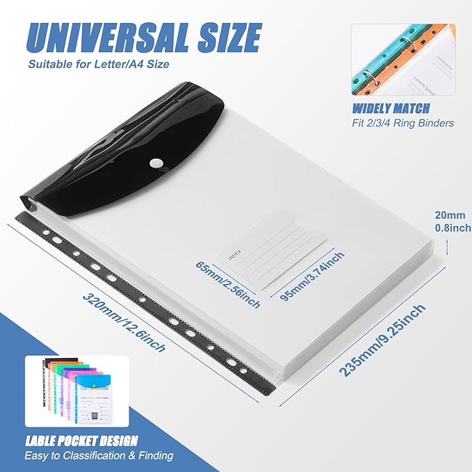 Binder Pocket Organizer Folders, 12 Pack Expandable Files Bag Plastic Envelopes Binder Folders with 11 Holes for 2/3/4 Ring Binder, Document Pouch with Snap Button and Label for School Office Home