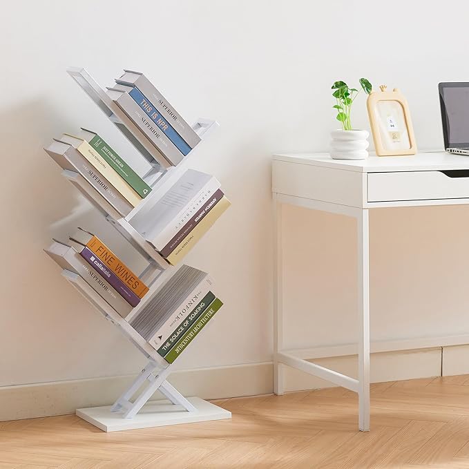 5 Tier Tree Bookshelf, Floor Standing Bookshelf for Narrow Space,Storage Organizer Bookshelves for Books/CDs/Magazine, Bookcase with Shelves for Home Office, Living Room- White