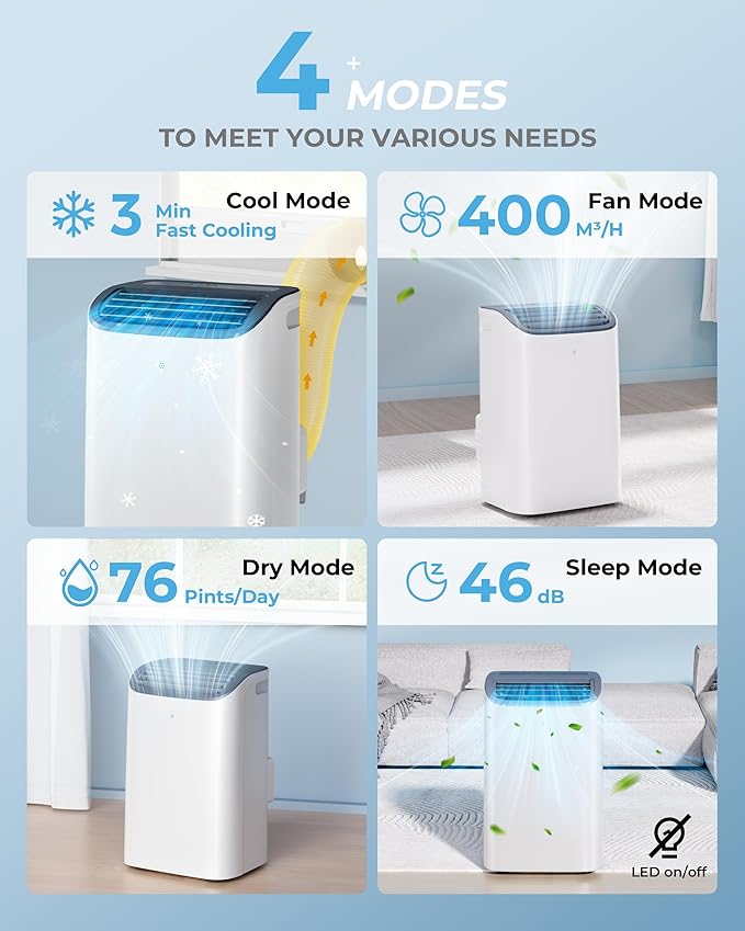 EUHOMY 12000 BTU Portable Air Conditioners - 2025 Upgraded Air Conditioner Portable for Rooms up to 550 Sq.Ft, Quiet AC Unit with Smart Sleep Mode, 24H Timer, Remote, 3-in-1 Air Cooler for Family