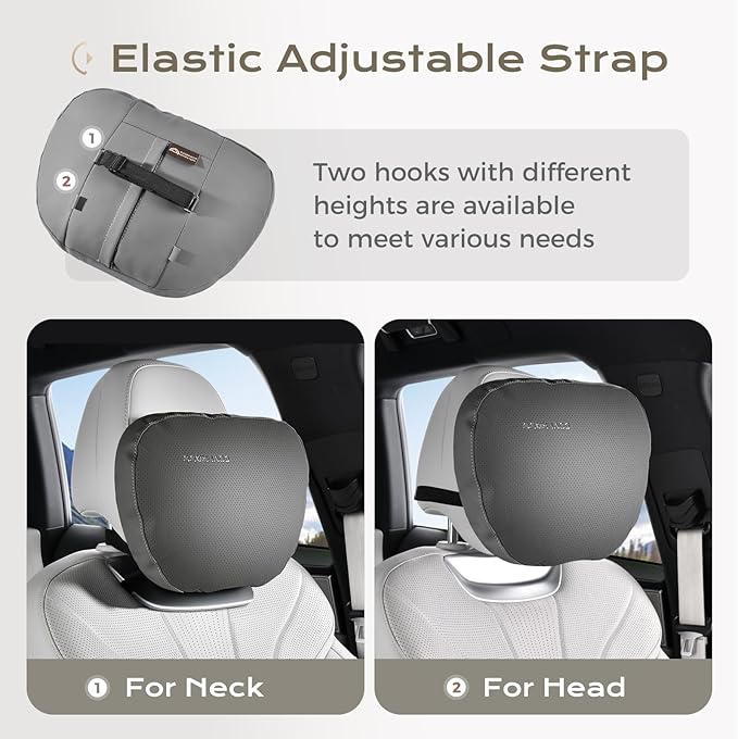Coverado Leather Car Headrest Pillow Car Neck Pillow with Adjustable Strap, Head Support Rest Driver Relax Head Muscles Relieve Driving Fatigue, Breathable & Removable Cover, Gray