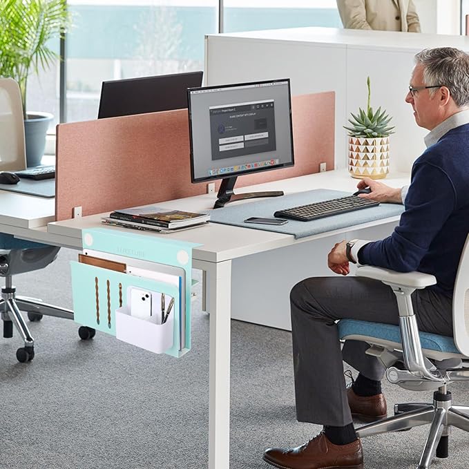 LUKETURE Desk Side Storage, Steel Side Desk Organizer, No Drill Laptop Holder, Clamp on Laptop Mount with Pen Holder, Table Hanging Storage for Home Office, Fits Flat Edge Tables 0.3" to 2.8"