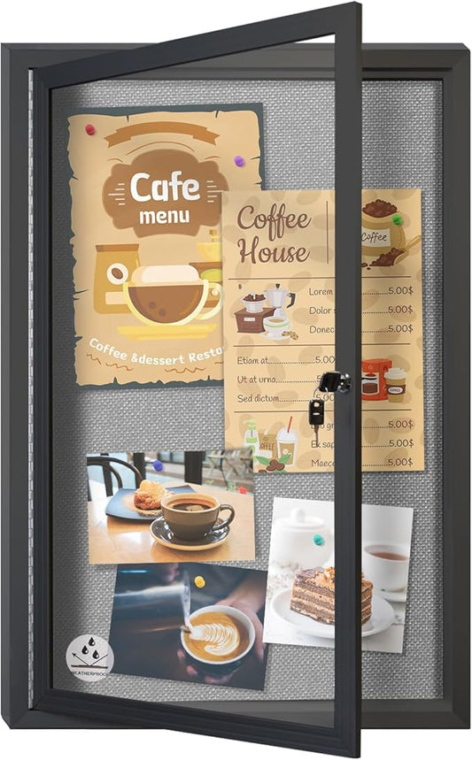 Outdoor Weatherproof Enclosed Fabric Bulletin Board,Noticeboard Case with Lockable Glass Door, Grey Felt,Black Aluminum Frame, 36x24 Inch (5xA4)
