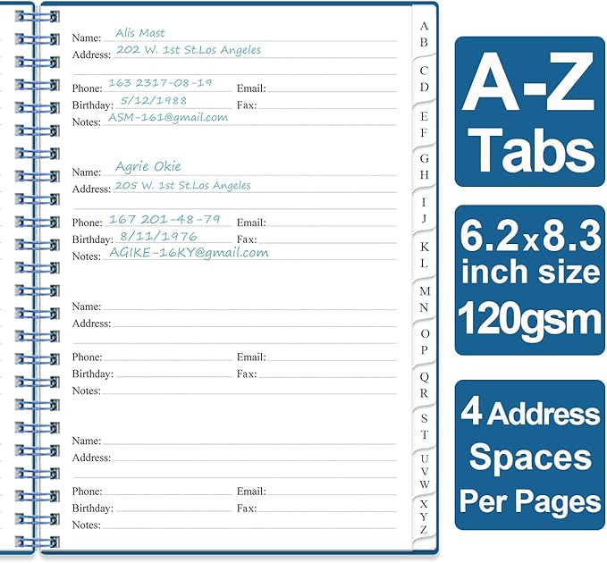 Address Book with Alphabetical Tabs - A5 Telephone & Address Book with Address Contacts, Special Date, Phone, Birthday & Internet Login Password for Home and Office, 6.2" x 8.5", Blue