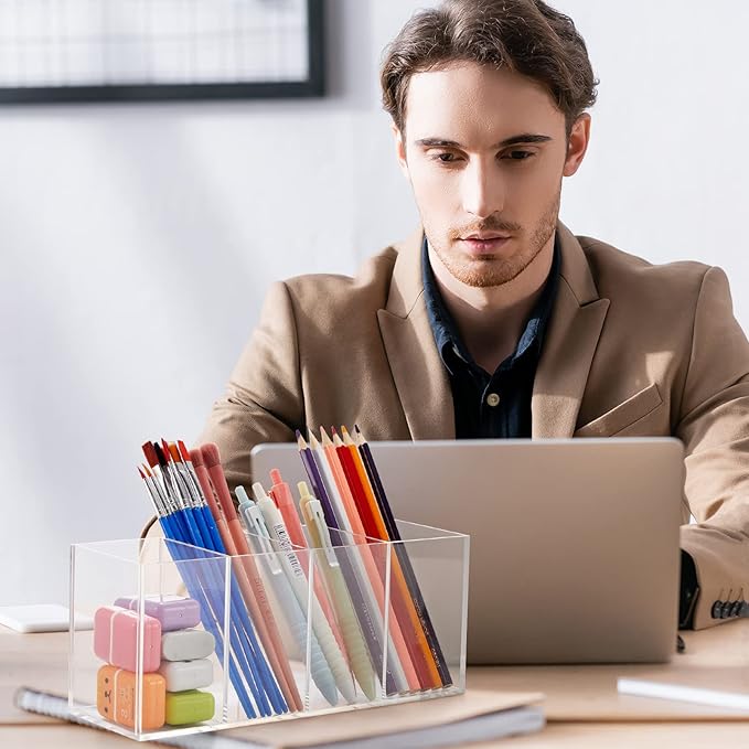 Pajean 4 Pack Acrylic Pen Pencil Holder - 4 Compartments Clear Pencil Pen Holder Organizer - Makeup Brush Holder Acrylic Pencil Organizer Cup for Office Home Supplies Desk Accessories