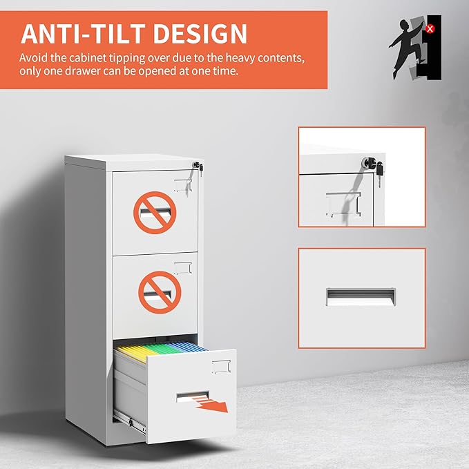 3 Drawer Metal File Cabinet with Lock,White Steel Filing Cabinets Heavy Duty Locking Vertical File Cabinet Home Office Storage Cabinet for Legal/Letter Size File,Assembly Required