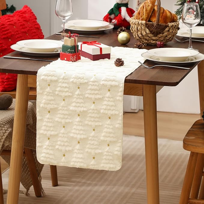 Christmas Table Runner 13x72 Inch, Xmas Trees Star Winter Holiday Decorative Farmhouse Table Decorations for Kitchen Dinning, Indoor Outdoor Dinner Party Decor (White) 1 Pack