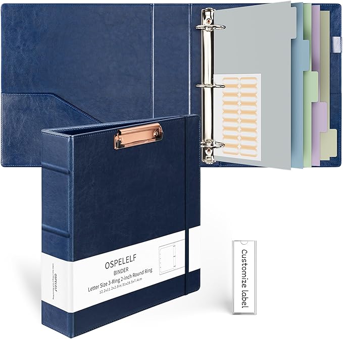 Ospelelf 3 Ring Binder With Clipboard - 2 Inch Vintage Leather Organizer for Letter Size (8.5" x 11"), Professional Dividers With 5 Tabs, Dark Blue