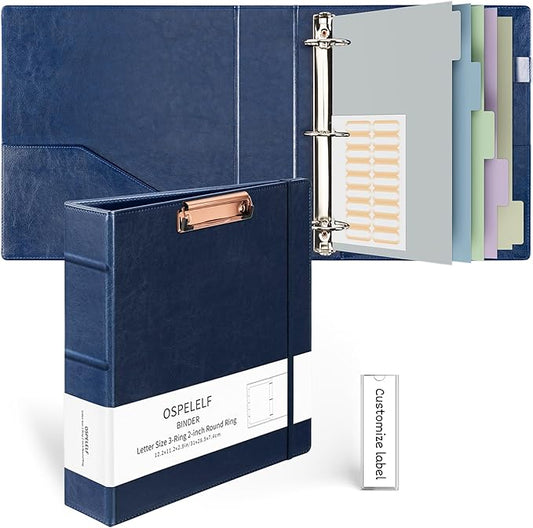Ospelelf 3 Ring Binder With Clipboard - 2 Inch Vintage Leather Organizer for Letter Size (8.5" x 11"), Professional Dividers With 5 Tabs, Dark Blue