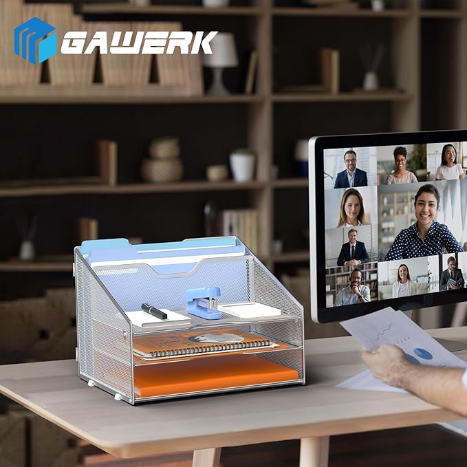 Letter Tray Organizer, Mesh Desk File Organizer with 3 Paper Trays and 2 Vertical Upright Section (Silver)