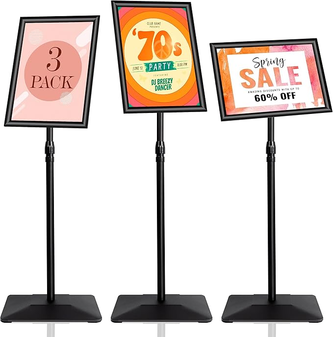 3 Packs Heavy Duty Pedestal Poster Sign Stand, 11"x17" Adjustable Floor Standing Sign Holder with 6.6Lbs Solid Steel Base for Vertical and Horizontal View Sign Displayed Stands, Black