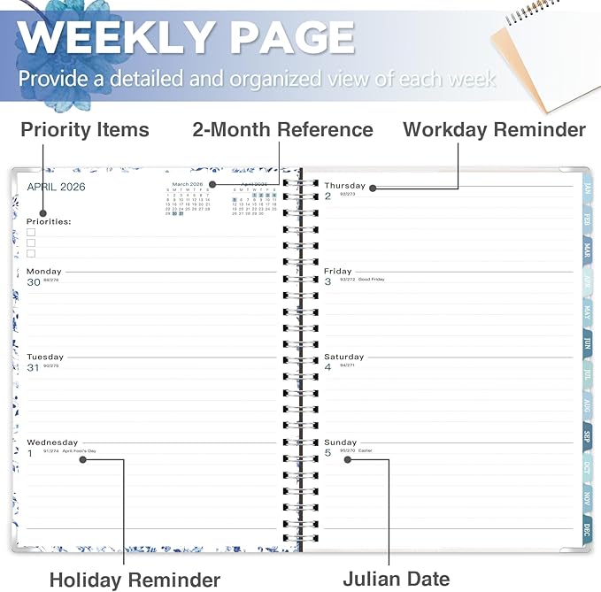 GuassLee Large 2026 Planner, Weekly and Monthly Planner from January 2026-December 2026, 8.5"x 11" Calendar Agenda Book with Back Pocket, Stickers for Home Office School Supply, Blue Floral, A4 Size