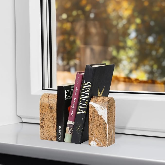 Koville Indian Natural Marble Bookends for Shelves, Decorative Book Ends, 7lbs Heavy-Duty Marble Book Holders, Bookshelf Apartment Decor for Normal Books/CD/Video Games(Rainforest Gold)