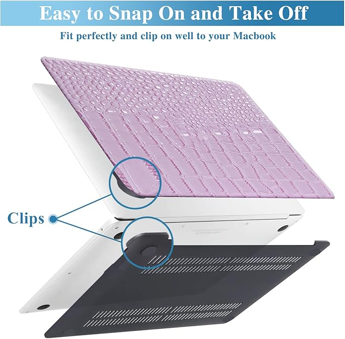 KEROM Compatible with Crocodile MacBook Air 13 Inch Case 2025-2022 M4 M3 M2 A3240 A3113 A2681, Textured Elegant Luxury Aligator Skin Snakeskin PU Leather Hardshell Case & Keyboard Cover, Lilac
