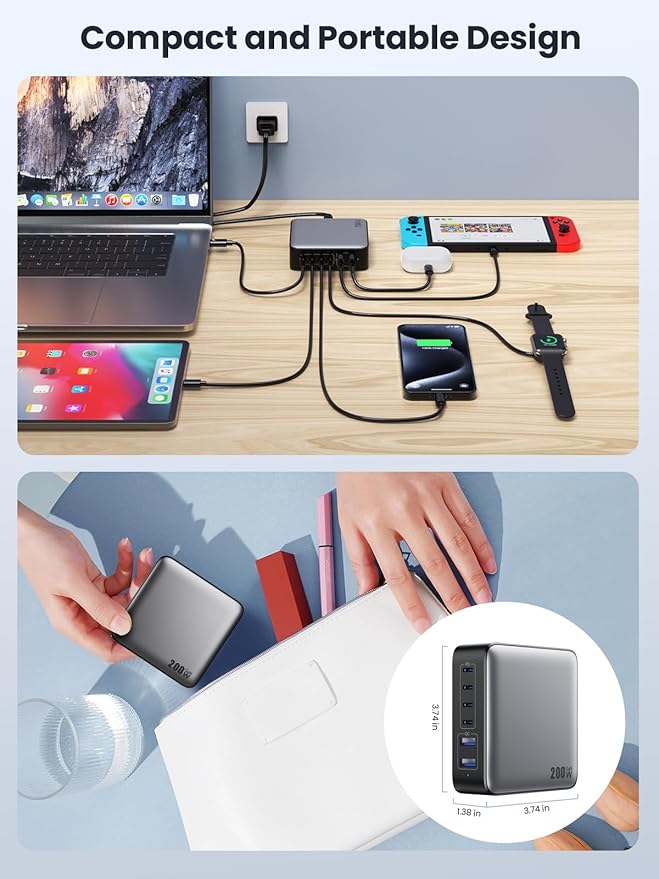 USB C Charger Block 200W[2025 Upgraded] GaN III 6 Port Fast Charging Station Hub,PD 65W USB C Laptop Charger Compatible with MacBook Pro/Air,iPad,iPhone 16/15,Galaxy S23/S24 Steam Deck Dell XPS etc