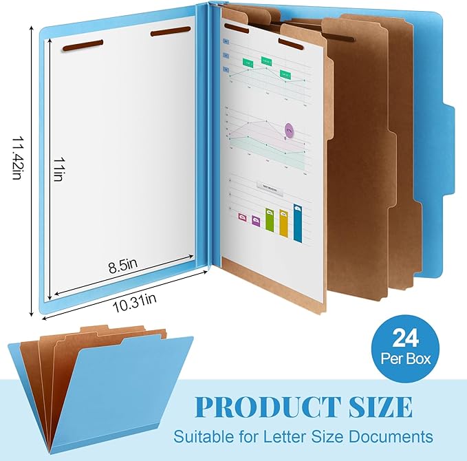 Skyygemm 24 Pcs Classification Folders Letter Size, 3 Divider Pressboard File Folder with Fasteners, Expanding File Organizer Bulk for Teachers, Clergy, Office, Church, Christmas Donations (Blue)