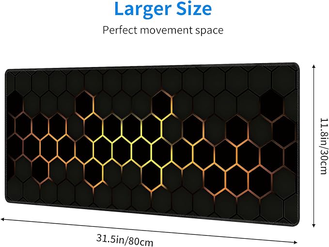 Hexagon Honeycomb Golden Large Mouse Pad, Gaming Desk Mat, XL Extended Keyboard Desk Pad, 31.5"x11.8" Non-Slip Rubber Base Big Mousepad with Stitched Edges for Home and Office