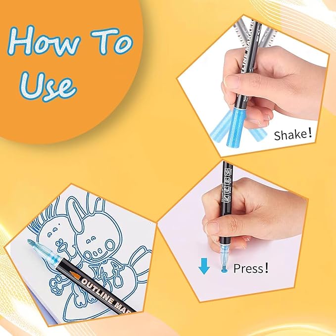 Shimmer Markers Double Line Outline Markers, 24 Color Squiggles Set for Drawing, Art School Supplies, Cards Lettering, Gift for 4-12 Year Old Girl