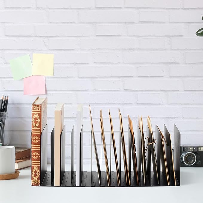 Suzile Metal Desktop File Organizer, 15 Compartments, Vertical File Sorter, Black, 5.79" W x 15.75" L x 5.41" H, Office, Reception Areas, Workspace