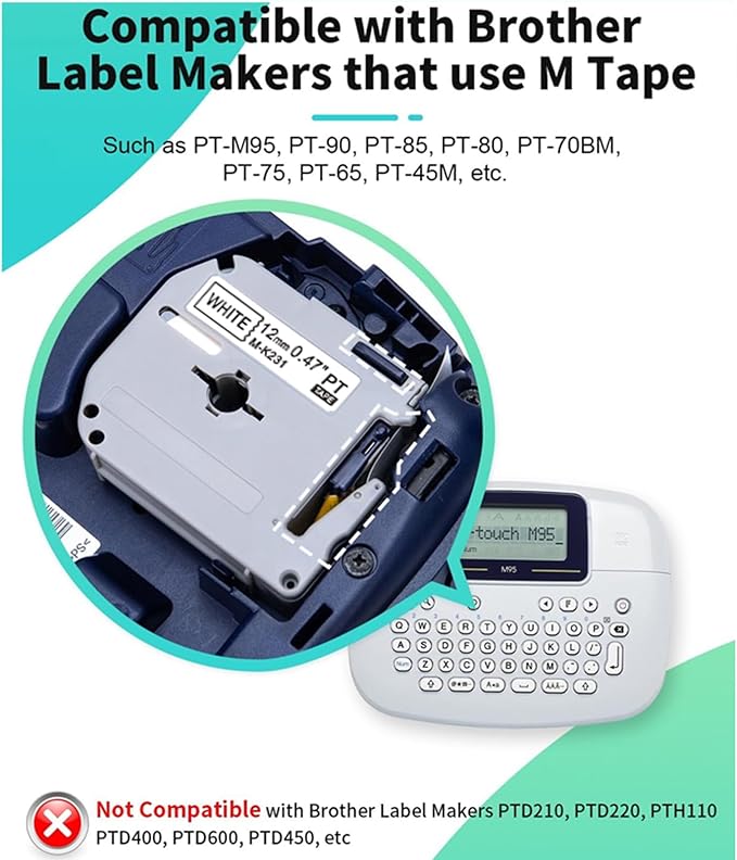 8 Pack M-K231 M Tape 12mm Compatible with M-K231s Brother Label Tape Black on White 0.47 Inch Tape for P Touch PT-M95 PT95 PT65 PT-65 PT70 PT85 PT90 Label Maker Tape Refill
