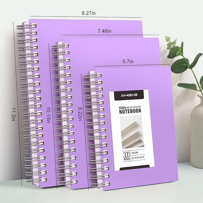 AHGXG Bullet Dotted Journal Spiral Notebook - Large A4 Dotted Notebook 8.5''×11'', 300 Pages Dot Grid Notebook, 100gsm Thick Paper, Plastic Hardcover, with Journal Stencils - Purple