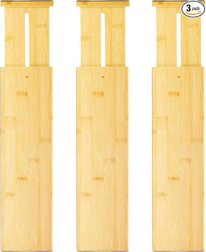VaeFae 3 Pack Bamboo Drawer Dividers, 4" High Adjustable 16.6" - 21.8" Clothes Drawer Organizers, Expandable Separators for Bedroom/Bathroom/Kitchen/Office Storage