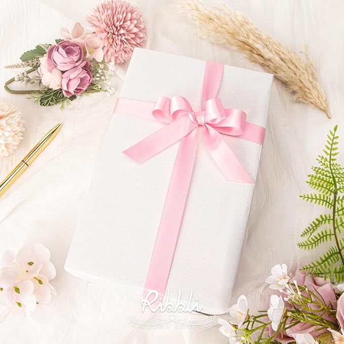 Ribbli Pink Satin Ribbon 5/8 inch x Continuous 25 Yards,Double Faced Satin Use for Craft, Gift Wrapping, Christmas Ornaments, Hair Bows, Bouquet Bows