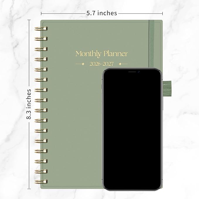 RETTACY 2026-2027 Monthly Planner, Jan 2026 - Dec 2027, Medium Size (5.7" x 8.3"), Agenda, Calendar, 24 Month Tabs, Flexible Plastic Cover, 100 GSM Thick Paper, Spiral-bound (Light Green)
