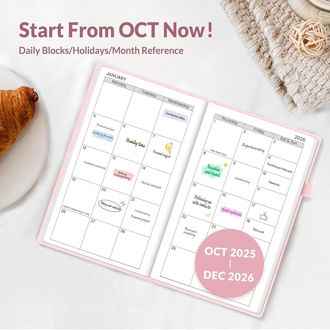 SUNEE 2026 Pocket Weekly Planner for Purse 3.5" x 6" - 12 Month (January 2026 - December 2026), Small Size Planner, Hardcover, Notes, Pocket, 100 GSM Paper, Pink