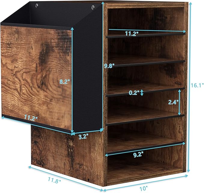 6 Tier Adjustable Countertop Mail Sorter, Mailboxes With Name Slots, Literature Organization Paper Storage Slot, Office Desk File Organizer, Wooden Desktop Mailbox for Classroom, Rustic Brown