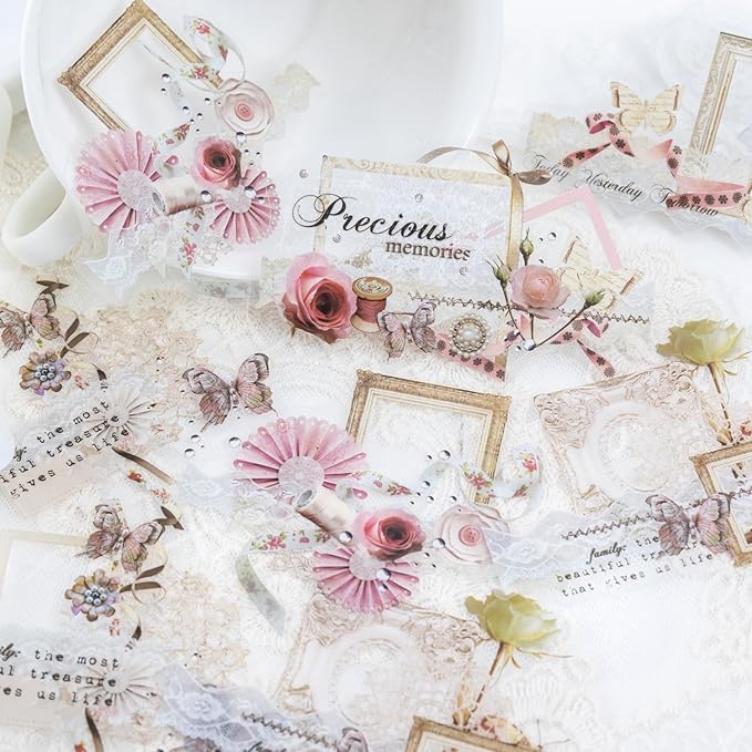 60Pcs Lace PET Stickers, Floral Designs for Scrapbooking DIY Crafts Journaling Supplies Junk Journal Ephemera with Storage Organizer