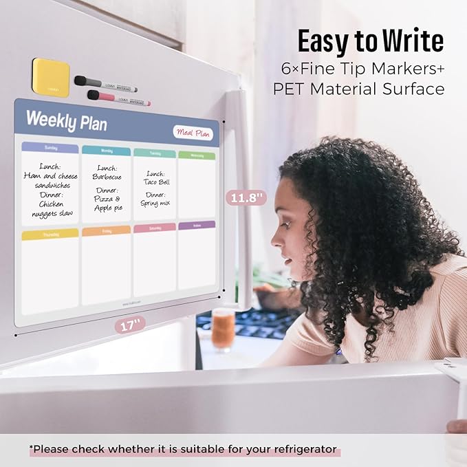 Loukin 17"x11.8" Weekly Dry Erase Calendar 2 Pack, Electrostatic Adsorption Whiteboard Planner, Reusable Schedule Organizer for Office, Classroom, Refrigerator, 6 Markers & 1 Eraser Included