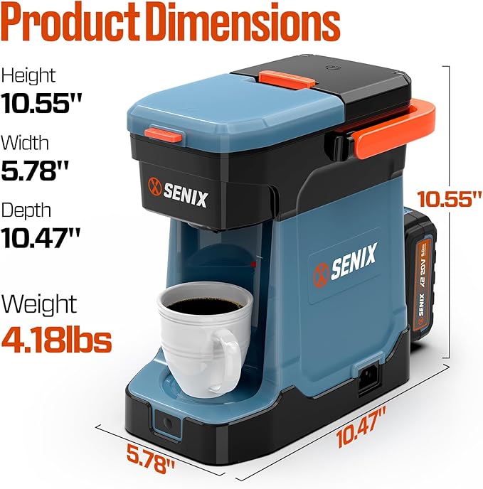 SENIX Coffee Maker, Portable Coffee Machine, 2-in-1 20V 5.0 Ah Battery, Charger & Power Cord, Compatible with K-Cups, Ground, Pods, 8oz Brew Size - for Travel, Camping, Job Site, RV, Home (CMX2-M4)