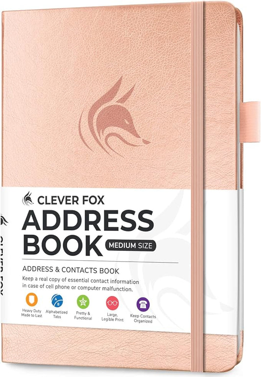 Clever Fox Address Book with alphabetic tabs - PU leather telephone and address book for keeping contacts safe, Contact Organizer Journal, Medium Size (5.3″ x 7.7″) Hardcover, Rose Gold