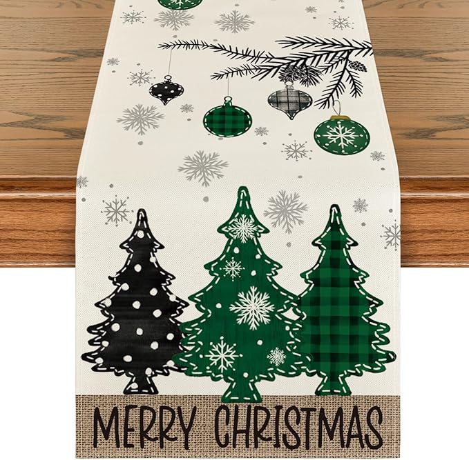 Artoid Mode Green Pine Trees Snowflake Merry Christmas Table Runner, Winter Xmas Holiday Kitchen Dining Table Decoration for Home Party Decor 13x72 Inch