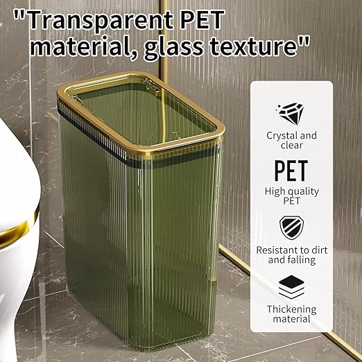 Transparent Trash Can, Bathroom Trash Cans with Lids, 2.6 Gallon Garbage Can for Bedroom, Office, Plastic Slim Waste Basket with Press Top Lid, 10L Clear Trash Bin for Home, Kitchen (Green)