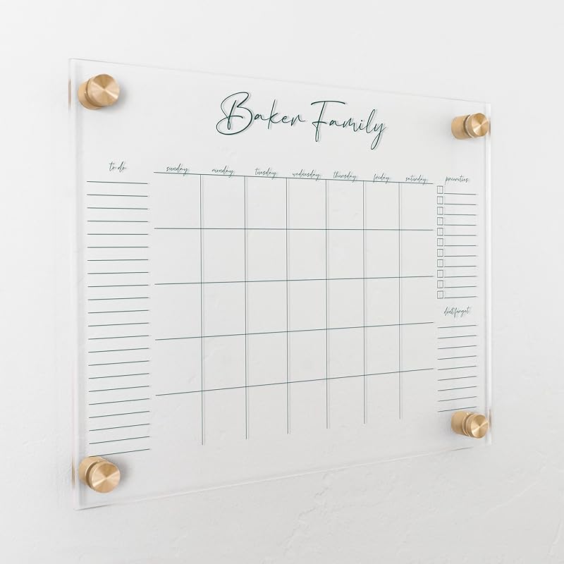 Personalized Clear Acrylic Calendar for Wall, Calendar Whiteboard for Wall, Dry Erase Wall Calendar, Wall Calendar Organizer System for Home (Cursive, Jade, 14"W x 11"H)