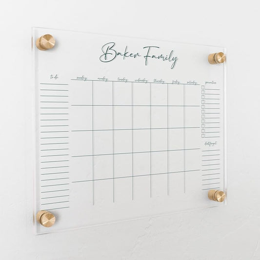 Personalized Clear Acrylic Calendar for Wall, Calendar Whiteboard for Wall, Dry Erase Wall Calendar, Wall Calendar Organizer System for Home (Cursive, Jade, 14"W x 11"H)