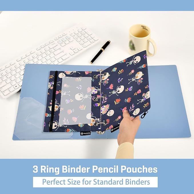 ZAZYXTJ Skull Binder Pencil Pouchs 3 Ring with Zipper Clear Window Office Organizers bag for School Students Teacher Supplies 2 Pack