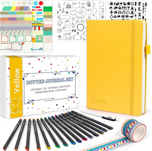 Dotted Journal Kit, Feela Dot Grid Journal Hardcover Planner Notebook Set For Beginners Women Girls Note Taking with Journaling Supplies Stencils Stickers Pens Accessories, A5, 224 Pages, Yellow