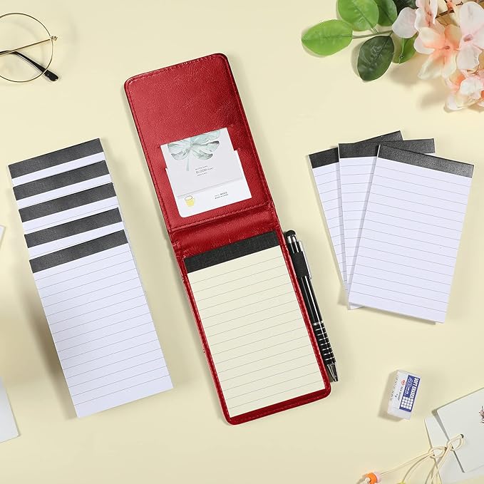 Outus 10 Pcs Pocket Notebook with Pen Set Included Mini Pocket Notepad Holder with 50 Lined Sheets, Metal Pen, 8 Pcs 3 x 5 Inch Memo Book Refills, 30 Lined Paper Per Note Pad (Red)