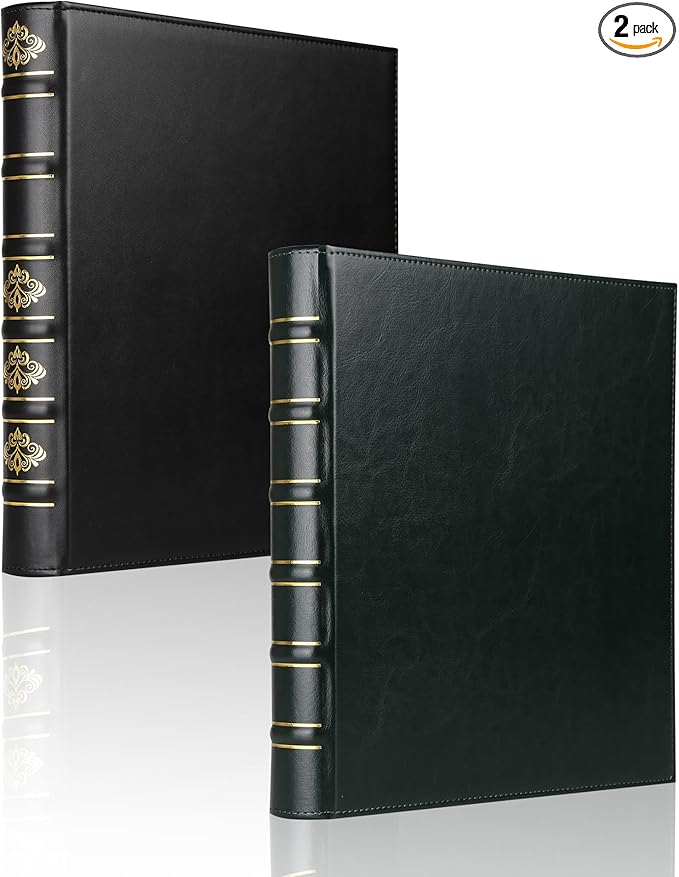 2 Pcs Vintage Hardback 3 Ring Binder 1 Inch, Professional Leather Binder 3 Ring, Three Ring Binders Fits 8.5 x 11, D Ring Binders for Home, School and Office- (1 Black and 1 Dark Green)