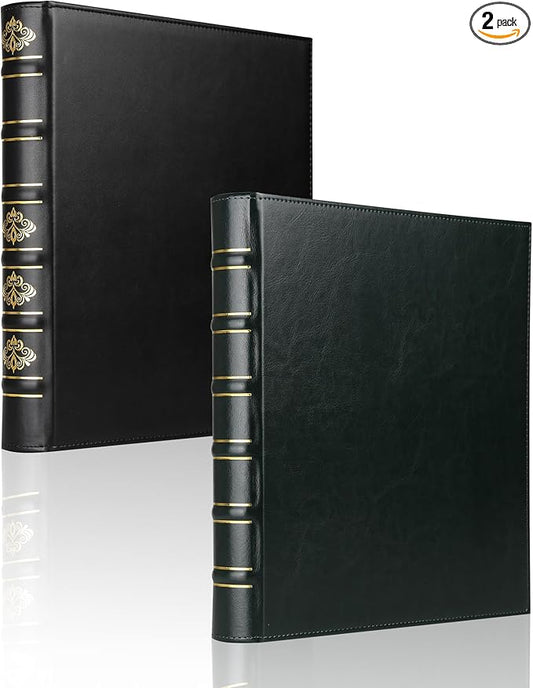 2 Pcs Vintage Hardback 3 Ring Binder 1 Inch, Professional Leather Binder 3 Ring, Three Ring Binders Fits 8.5 x 11, D Ring Binders for Home, School and Office- (1 Black and 1 Dark Green)