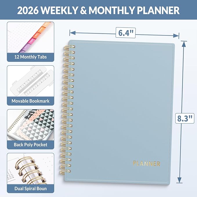 SUNEE 2026 Weekly and Monthly Planner - January 2026-December 2026, 6.4" x 8.3" Half Weekly Half Note, Daily Agenda Planner with PVC Waterproof Cover, Monthly Tab, Note, Pockets, Bookmark, Blue