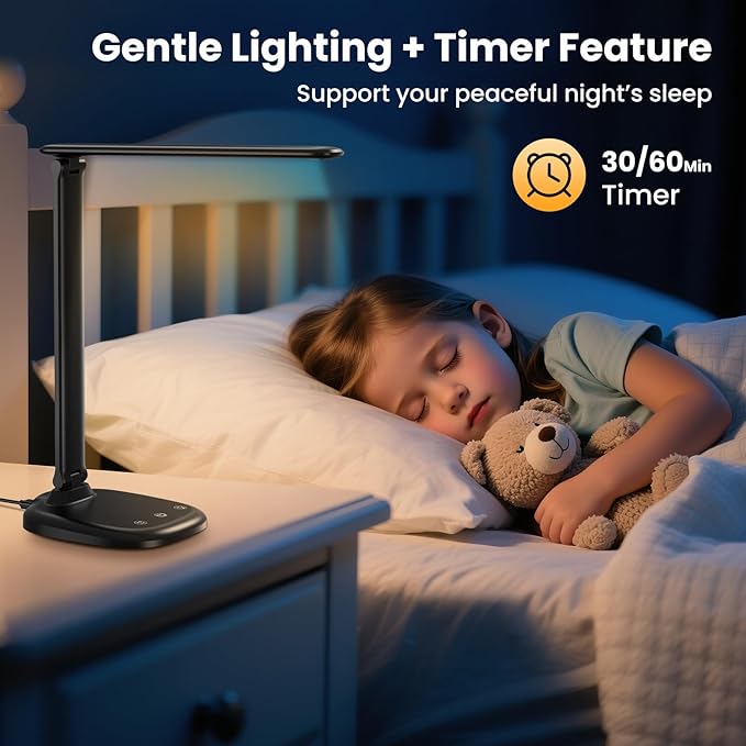 LED Desk Lamp with USB Charging Port, Stepless Dimmable Study Lamp with 5 Color Modes, Touch Control, Timer, Foldable Desk Lights for Home, Office, Bedroom