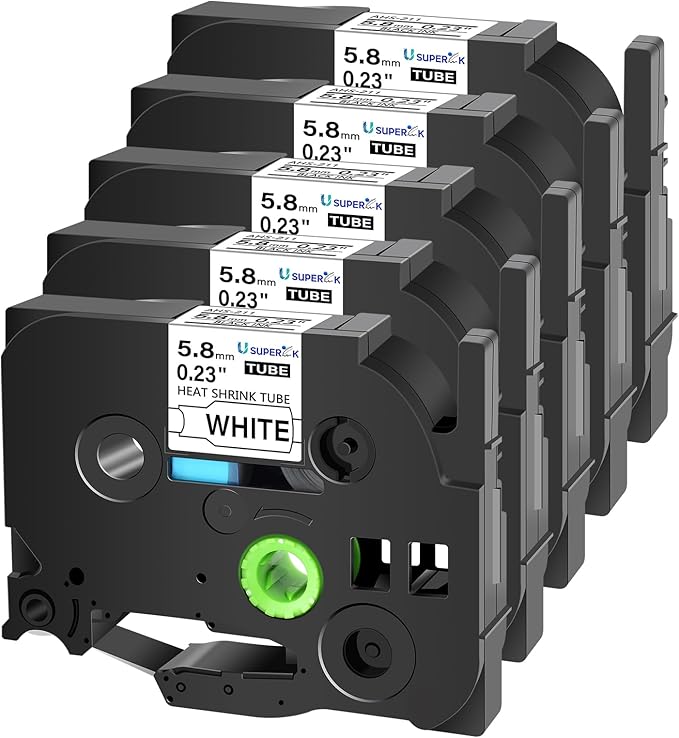 USUPERINK 5 Pack Compatible for Brother Ptouch HSe-211 HSe211 HS-211 HS211 Black on White (0.23''x 4.92ft) Heat Shrink Tube Label Tape use in PT-D400 PT-D450 PT-E300 PT-E500 H300 Label Maker