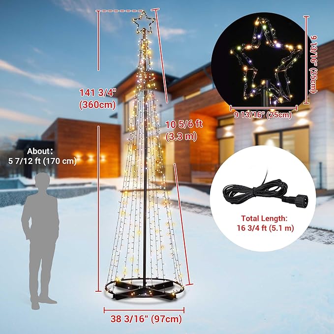 Yescom Vast-Starry 12ft Giant-Sized LED Cone Tree Christmas Light with Star 1120 Solar Lighting 8 Model Outdoor Yard Shopping Mall Cafe Restaurant Store Bar Deck Event Holiday Decoration Multi-Color