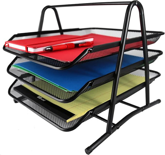 Huron Desktop Horizontal File Binder Organizer Storage Letter Tray, 3 Slot, Black Steel Mesh