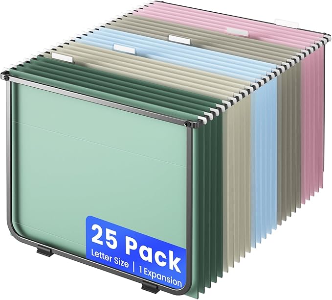Hanging File Folders Letter Size, 25 Pack File Organizer Folders,1/5-Cut Tabs with Hanging File Folder Frame, Heavy Duty 1 Inch Expansion, Stay Organized for Your Home and Office Bulk File.