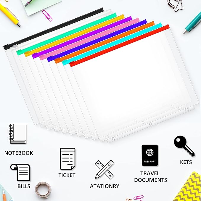 40 Pieces Binder Pockets 3 Hole Zipper Pouch 3 Ring A4 Pockets with Zipper Binder Folders Plastic Pouches Loose Leaf Bags Waterproof PVC Document Filing Bag (Colorful)