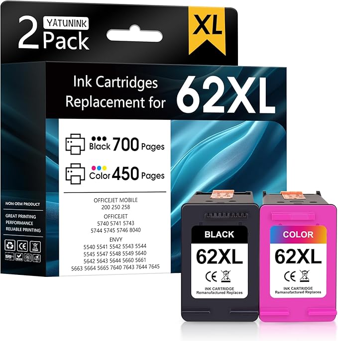 62XL Ink Cartridge Combo Pack Compatible for HP Ink 62 62XL Ink Cartridges Works with Envy 7640 5540 7645 5660 OfficeJet Mobile 200 250 OfficeJet 5740 8040 5745 7644 (Black and Color) 2 Pack